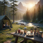 Eco-friendly camping gear and reusable supplies at mountain campsite with pristine natural landscape