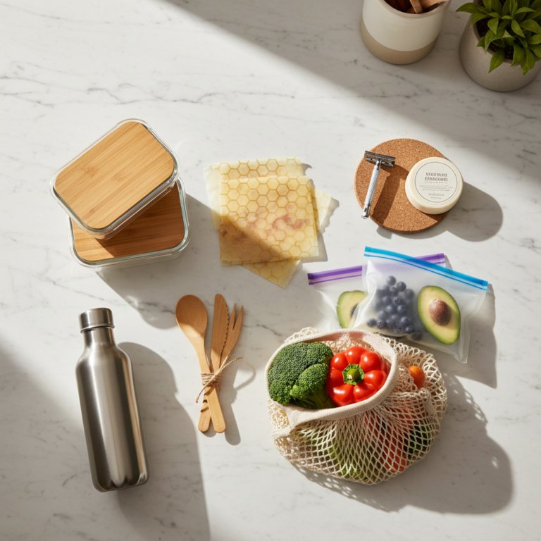 Eco-friendly reusable products including glass containers, bamboo utensils, and stainless steel bottles