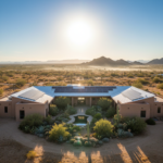Modern eco-friendly home in desert with solar panels, white roof, and courtyard garden in hot climate