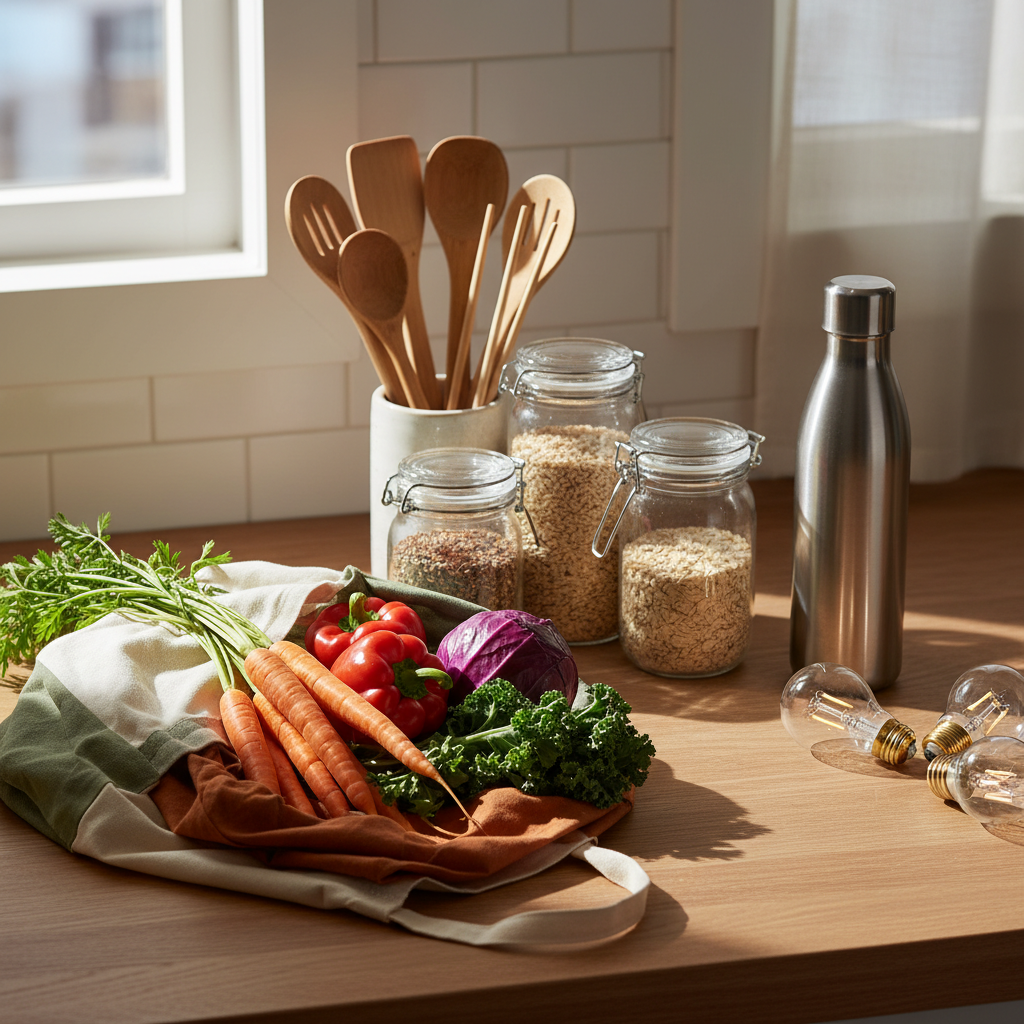 Reusable shopping bags and sustainable kitchen items on counter showing eco-friendly lifestyle