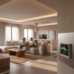 Modern energy-efficient home interior with LED lighting and smart thermostat showing reduced electricity costs
