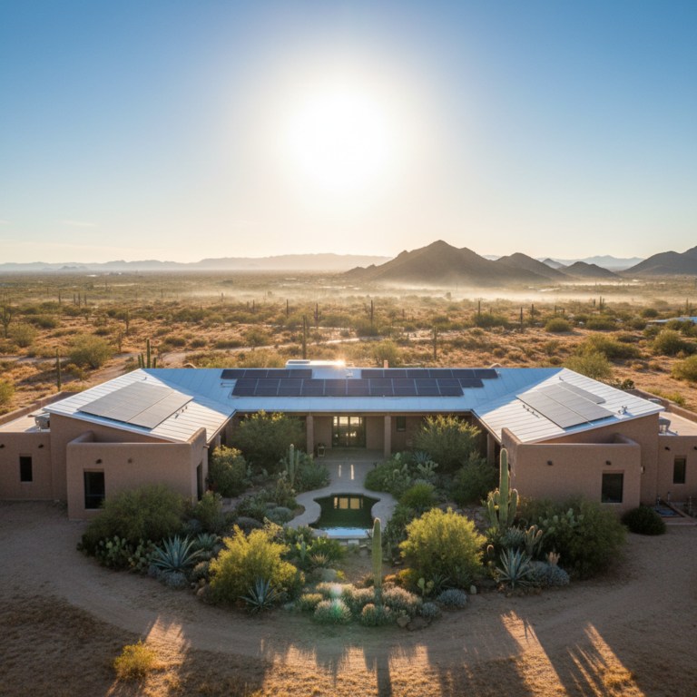 Modern eco-friendly home in desert with solar panels, white roof, and courtyard garden in hot climate